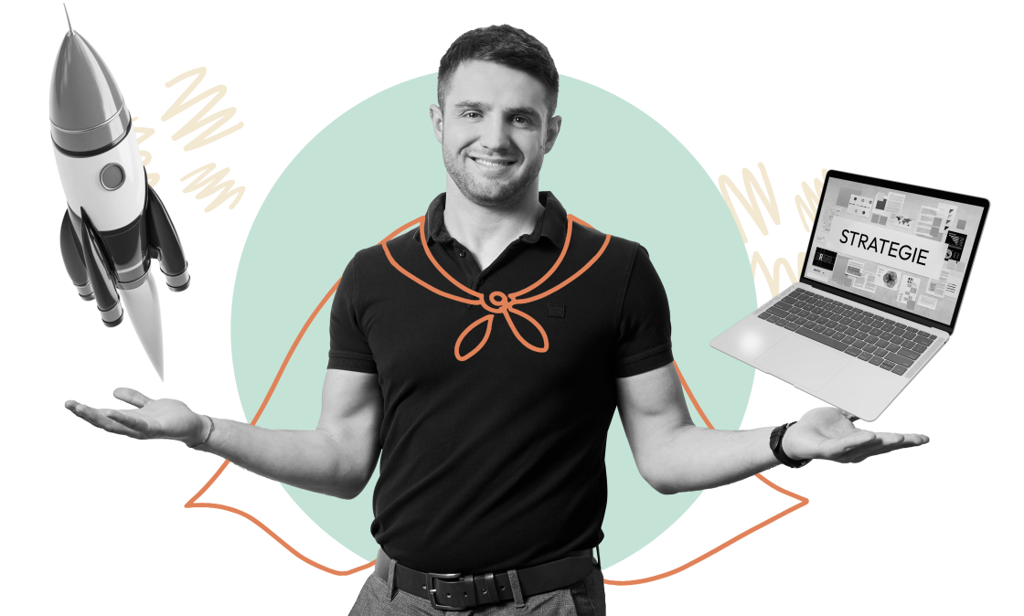 Muž se supermanským pláštěm, raketou a notebookem